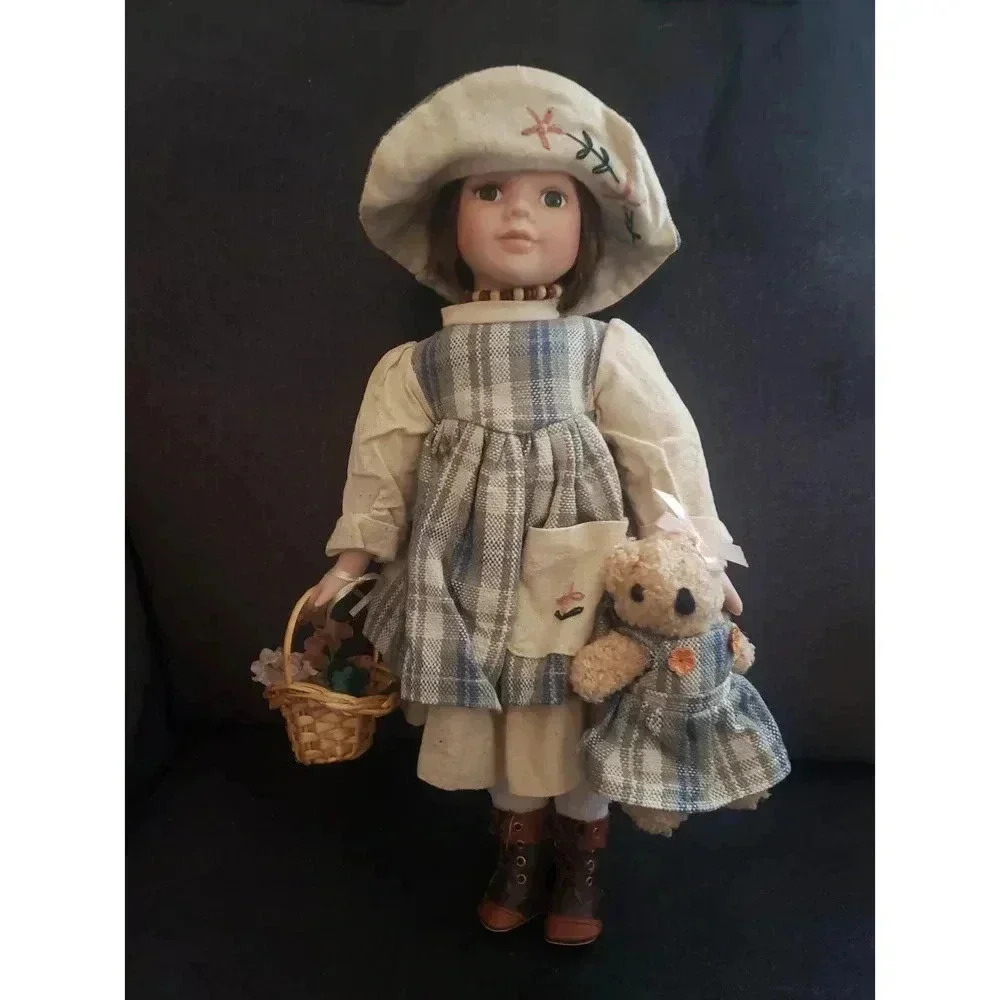 Collectors Doll with Basket of Flowers and Bear - Picture 1 of 5